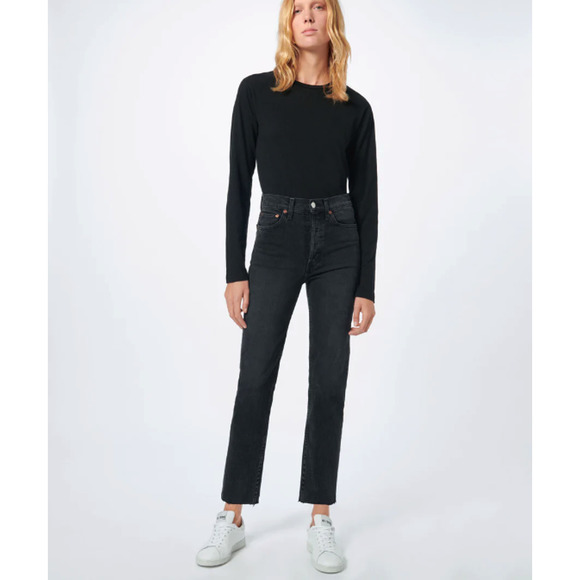 Re/Done Denim - RE/DONE High Rise Button Fly Straight Leg Stretch Raw Hem Jeans Black 25